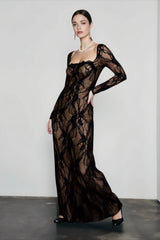 Elegant Square Neck Long Sleeve Lace Dress