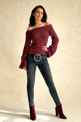 Solid Off Shoulder Rolled Edge Loose Knit Sweater