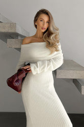 Knitted Off-the-Shoulder Elegant Fitted Waist Maxi Dress