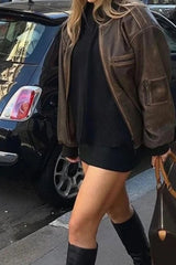 Faux Leather Zipper Bomber Jacket