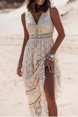Elegant Bohemian Lace Spliced Flare Maxi Boho Dress
