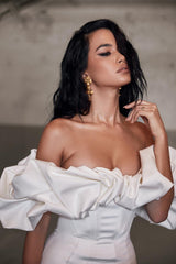 Ruffled Off-Shoulder Corset Bodycon Mini Silk Dress