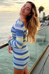 Striped Knit Backless Bell-Sleeve Sweater Dress