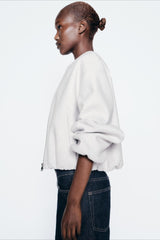 Faux Wool Short Zip Bomber Jacket