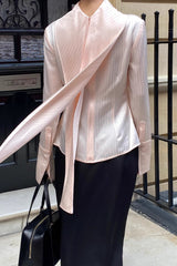 Stand Collar Neck Tie Slim Fit Workwear Long Sleeve Blouse