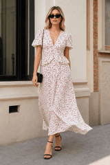Elegant Puff Sleeve V Neck Slim Waist Long Floral Dress