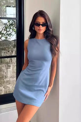 Solid Sleeveless Crew Neck Twill Bodycon Dress