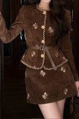 Boucle Style Corduroy Shirt Skirt Tweed Suit Set