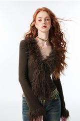 Lace-Up V Neck Plush Cardigan