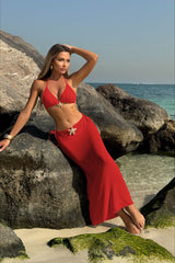 Sexy Solid Mesh Long Skirt Three Piece Swim Set