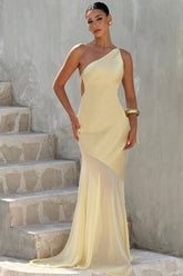 Sexy Asymmetric Backless Sheer Paneled Solid Formal Dress