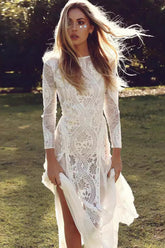 Round Neck Long Sleeve Lace Back Prom Dress