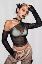 Slim Mesh Short Chic Long Sleeve Crop Top