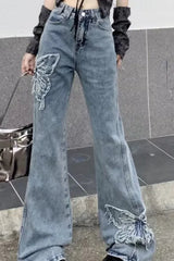Washed Butterfly Embroidered Flared Jeans