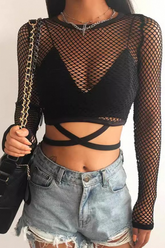 Crisscross Tie Mesh Sheer Cutout Crop Top