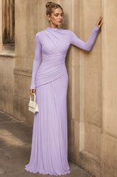 Solid Crew Neck Long Sleeve Ruched Party Dress
