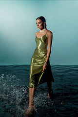 Ruched Satin Bodycon Spaghetti Strap Split V Neck Formal Dress