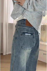 Vintage Blue Fleece Lined High Waist Plus Size Wide Leg Jeans