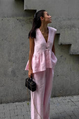 Cotton V Neck Sleeveless Vest Pants Two Piece Set