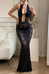 Halter Backless Solid Maxi Lace Dress