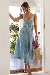 Washed Button Front Cami Denim Dress