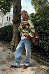 Slouchy Colorful Striped Crewneck Loose Knit Sweater