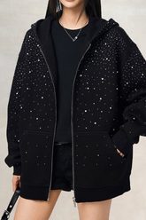 Trendy Rhinestone Air Layer Zip Black Oversized Hoodie