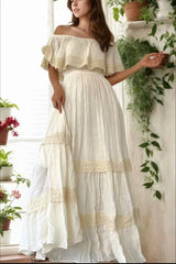 Vintage Off Shoulder Ruffled Waist Cinched Slim Boho Dress