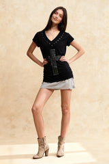 Loose V-Neck Cross Foil T-Shirt