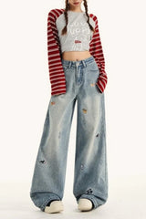 Embroidered Dog Wide Leg Jeans