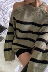 Striped Cutout Shoulder Knit Sweater