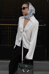 Acetate Satin Bow Tie V Neck Minimalist Long Sleeve Blouse