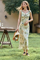 Leaf Edge V-neck Ruffle Vacation Floral Dress