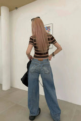 Rhinestone Letter Wide Leg Bootcut Loose Trendy Jeans