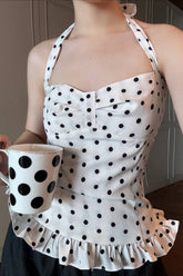 Polka Dot Ruffled Hem Halter Crop Top