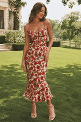 Square Neck Mermaid Midi Slim Strap Floral Dress