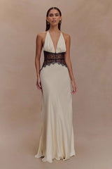 Deep V Halter Satin Slip Prom Dress