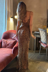 Leopard Print Backless Bodycon Maxi Dress