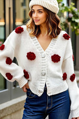 3D Floral V Neck Knit Sweater
