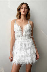Deep V Feather Trim Slip Mini Graduation Party Dress