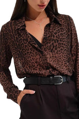 Leopard Print Collared Elegant Workwear Long Sleeve Blouse