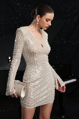 Chic Sequin Beaded Cutout Slim Slit Long Sleeve Cocktail Dress