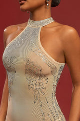 Sexy Halter Mesh Rhinestone Print Bodycon Cocktail Dress