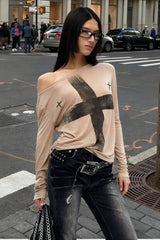Cross Print Asymmetrical T-Shirt
