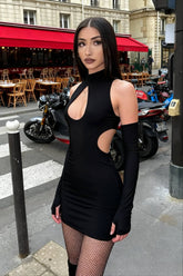 Color Front Chest Water Drop Hollowed Out Half Height Leader Suit with Finger Cuffs Tight Cut Out Dress