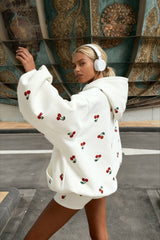White Cherry Print Hooded Loose Pocket Zipper Hoody
