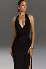 Halter Backless Tie High-Slit Ruched Sexy Formal Dress