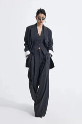 Grey Striped Vest Wide Leg Three Piece Set