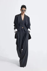 Grey Striped Vest Wide Leg Three Piece Set