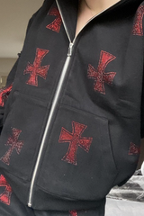 Casual Loose Rhinestone Hooded Zip Hoodie